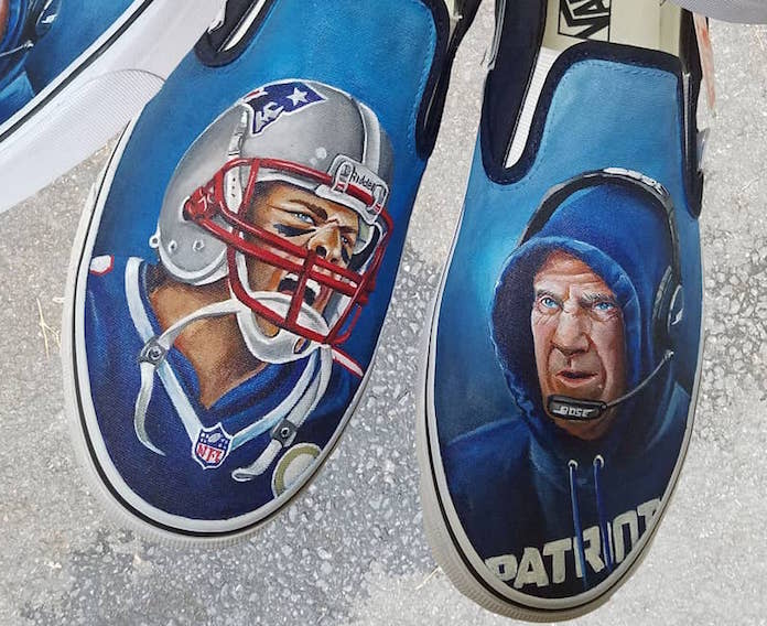 A Patriot's Fan Has Shoes with Portraits of Tom Brady and