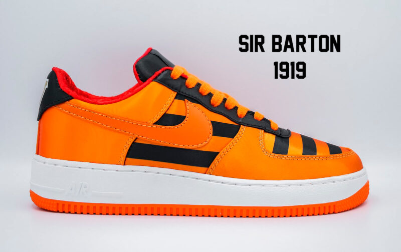 Sir Barton first horse racing Triple Crown Winner inspired Nike Air Force 1 Custom in black and orange
